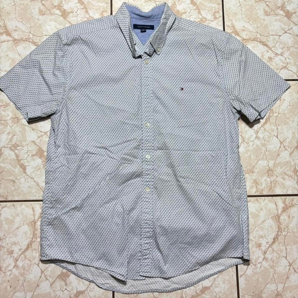 Tommy Hilfiger blue button up shirt with white polka dots Men's XL